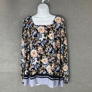 J Jill Floral Print Blouse Square‎ Neck Long Sleeve Top Black Multicolor Sz M